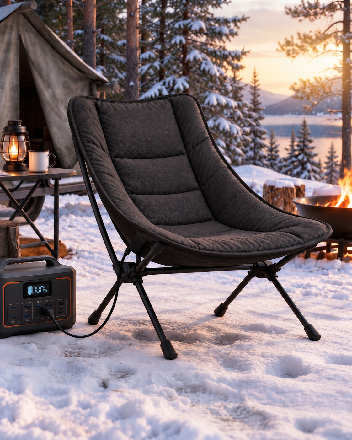 HOUSALY Portable Graphene Heated Camping Chair, Foldable Outdoor Lounge Chair with Intelligent Heating for Camping and Patio