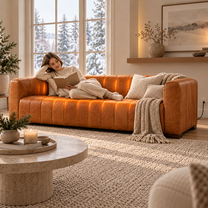 HOUSALY Graphene Heated Leather Sofa for Living Room, 85" 3-Seater Couch with Intelligent Heating