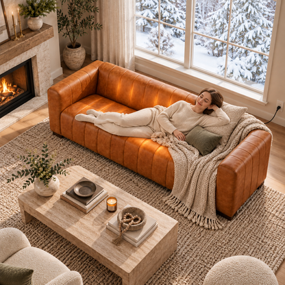 HOUSALY Graphene Heated Leather Sofa for Living Room, 85" 3-Seater Couch with Intelligent Heating
